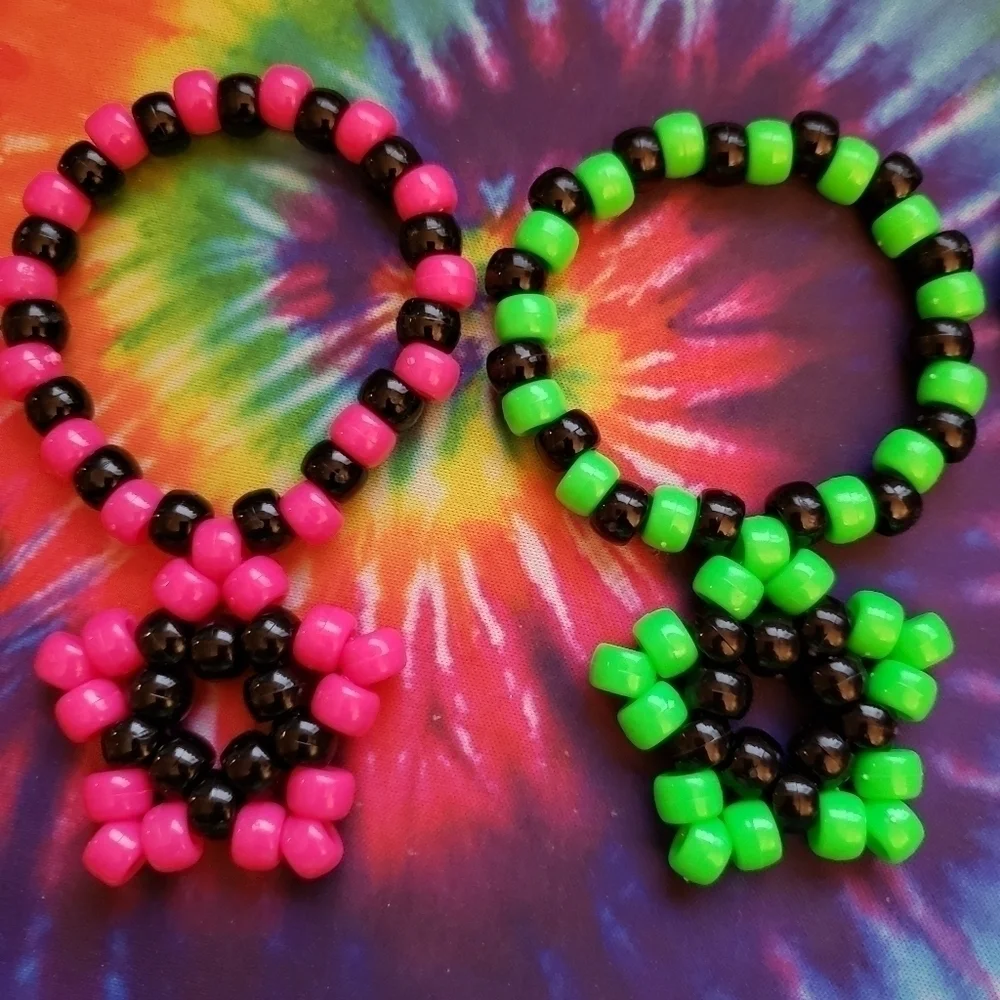 Handmade Bundle Set of Rainbow Neon Black Kandi Star Bracelets